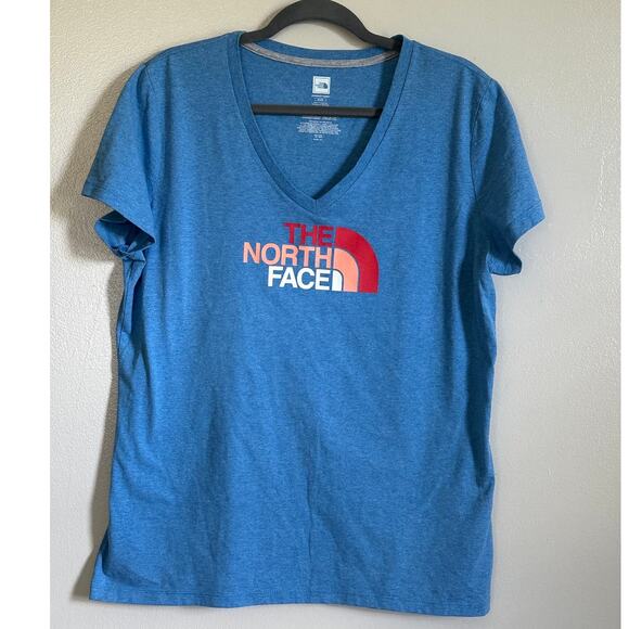 Women's EUC The North Face Blue Pink Logo V-Neck Short Sleeve T Shirt Active XL - Picture 1 of 4